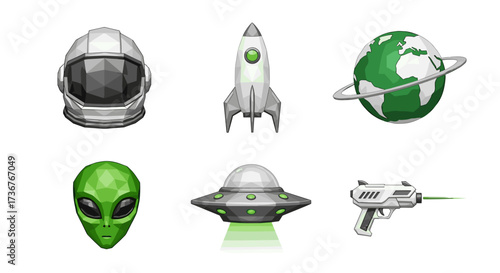 Vector art of collection of space and alien icons including astronaut helmet, rocket, planet, alien, ufo, and ray gun