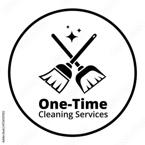 One Time Cleaning Services Logo, Minimalist Circular Badge with Sparkling Brooms