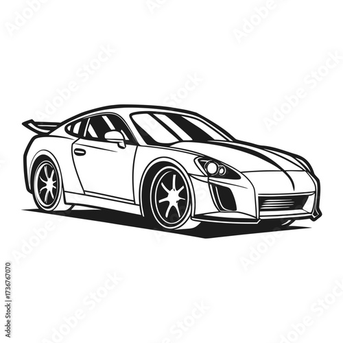 Stylized Sports Car Vector, Cartoon Racing Vehicle with Spoiler and Star Wheels