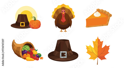 Vector art of thanksgiving icons including a turkey, pumpkin, pie, cornucopia, hat, and maple leaf