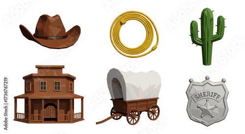 Vector art of collection of westernthemed icons including a cowboy hat, lasso, cactus, sheriff badge, wagon, and building