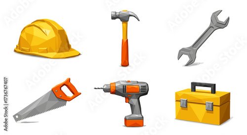 Vector art of collection of construction and diy tools, including a hard hat, hammer, wrench, saw, drill, and toolbox