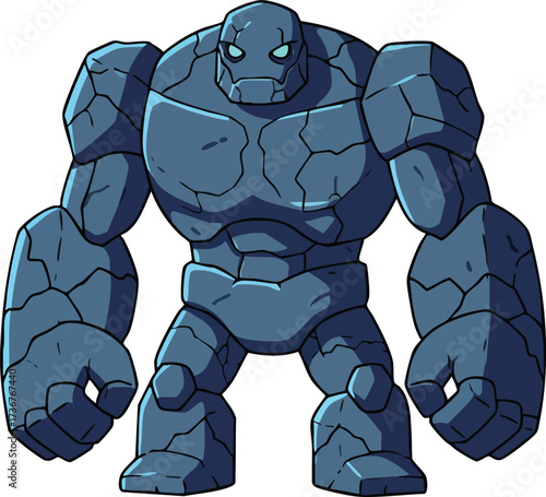 Stone golem character with cracked rocky body and glowing blue eyes fantasy creature vector art