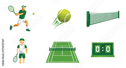 Vector art of tennis elements player, ball, net, court, scoreboard, and child