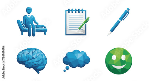 Vector art of set of six blue and green lowpoly icons representing mental health and therapy