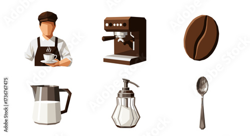 Vector art of barista holding coffee cup, espresso machine, coffee bean, milk jug, sugar dispenser, and spoon