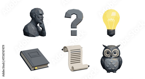 Vector art of collection of symbols representing knowledge, wisdom, and inquiry