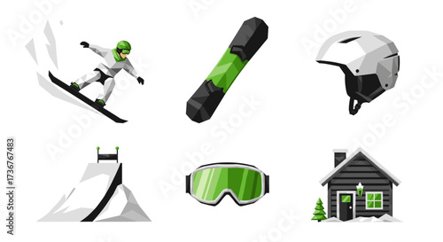 Vector art of snowboarding equipment and elements