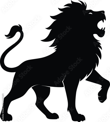 Black silhouette of a roaring lion with mane isolated on white background