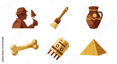Vector art of archaeology icons set with pyramid, ancient pottery, bone, brush, and archaeologist