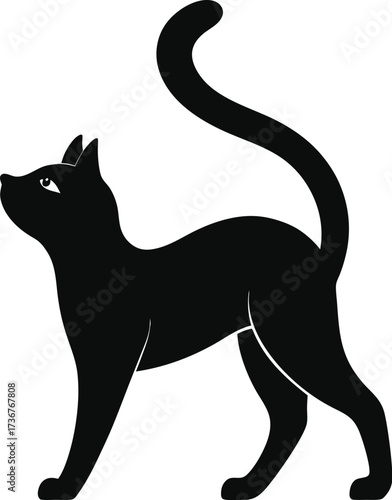 Black silhouette of a cat with a curved tail isolated on white background