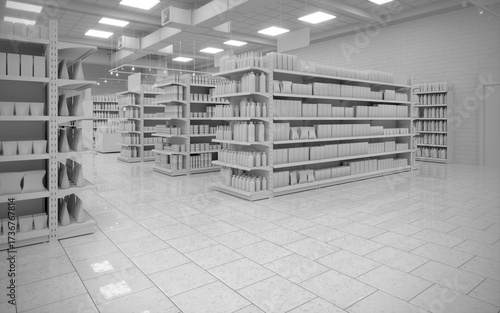 Tableau sur toile Blank black and white greyscale supermarket unit space mockup 3d render