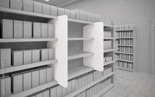 Bilde på lerret Blank black and white greyscale supermarket aisle fins unit mockup 3d render
