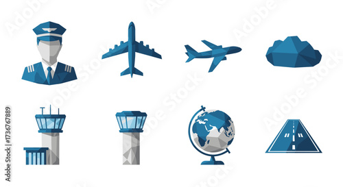 Vector art of set of low poly aviation icons including pilot, airplane, control tower, globe, runway, and cloud