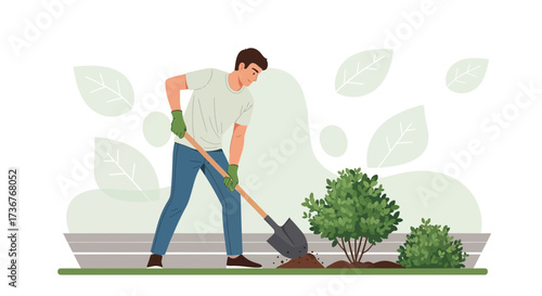 Man gardening with a shovel, planting plants in the frontyard of his house