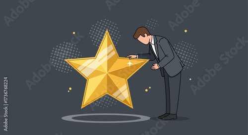 Man Gazing At Shiney Gold Star In A Illustration Of Achievement