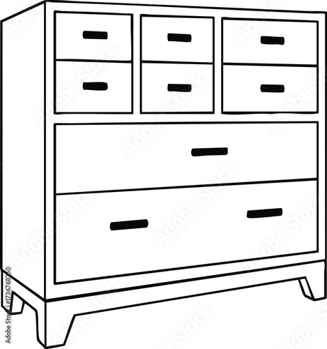 Chest of drawers with multiple small and large storage compartments vector line art illustration