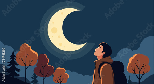 Man gazing at the moon in the night sky surrounded by trees and clouds