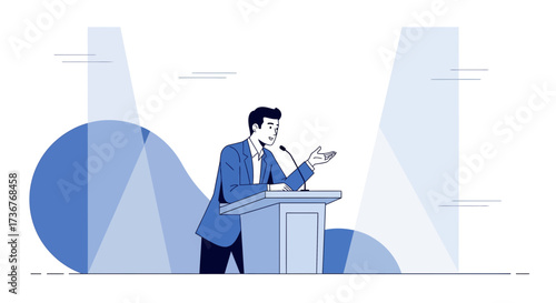 Man giving a speech or presentation at a podium with spotlight animation vector illustration