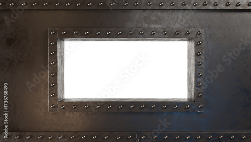 A steampunk-style iron bunker with an embrasure or window and rivets. Iron military bunker
