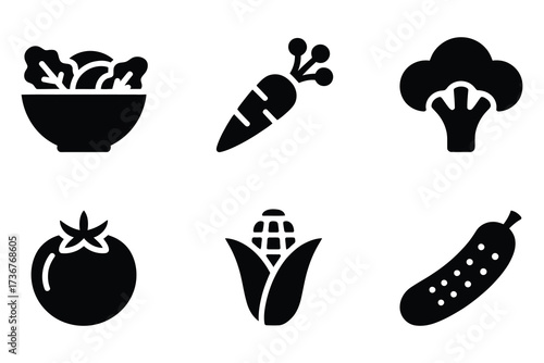 Six distinct healthy vegetable icons representing food nutrition and diet for a balanced meal
