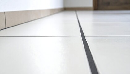 Close-up shot of a tiled floor with contrasting dark grout lines, near a wall and a door, focusing on the glossy surface