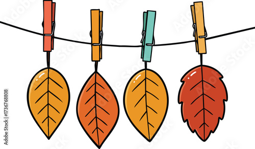 Autumn leaves hanging on a string with colorful clothespins in simple vector style for seasonal decoration and fall themes