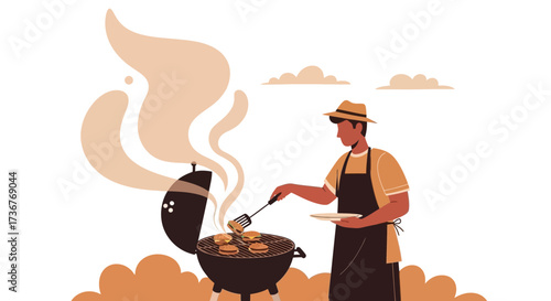 Man Grilling Burgers On A Barbecue With Clouds And Smoke In Illustrated Style