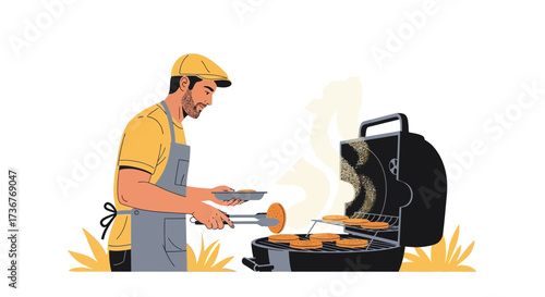 Man grilling burgers on a barbecue grill for a summer outdoor cookout