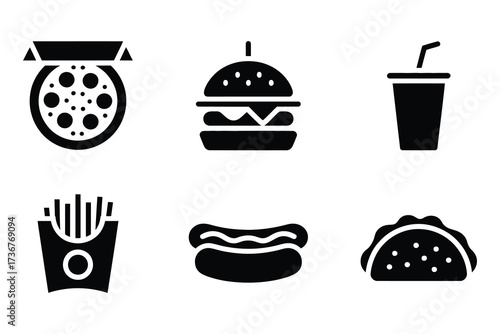 Icon set delicious fast food pizza burger fries hot dog taco drink classic meal choices