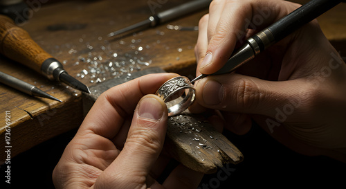 Detailed close-up of hands engraving jewelry, symbolizing precision, artistry, and dedication to handmade work.
