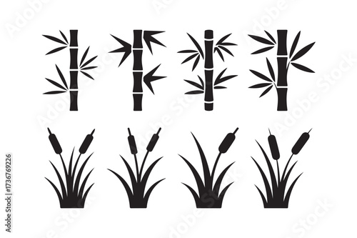 Black silhouette bamboo and cattail plants illustration