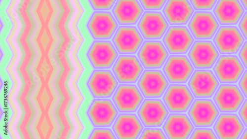 Fluorescent colors background with geometric pattern of hexagon and rhombus shapes, zigzag lines, stripes. Neon rainbow multicolored mosaic in acid green, bright pink, peach orange, light blue, purple