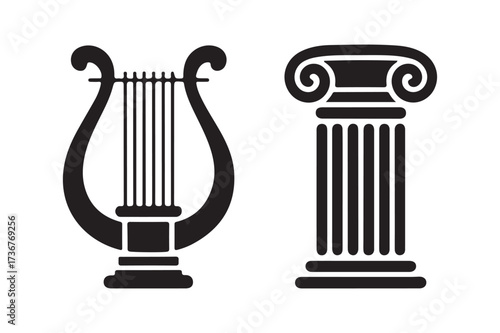 Ancient greek lyre and ionic column icon