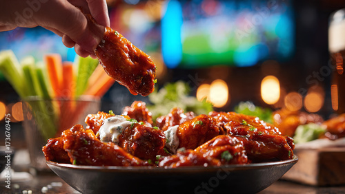 Enjoy delicious hot wings with blue cheese and celery sticks at the sports bar while watching a game with friends, a perfect night out