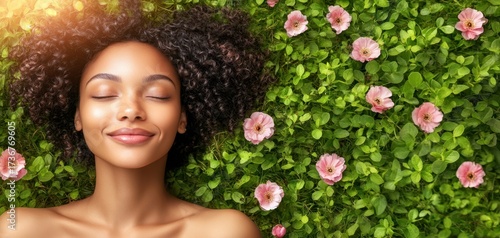 Fototapeta Naklejka Na Ścianę i Meble -  Woman with curly hair lies in grassy field with pink flowers in Spring sunshine, enjoying the warmth and beauty