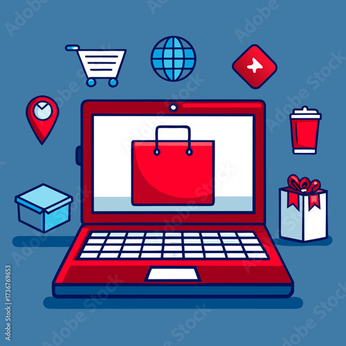 Flat Vector Online Shopping Illustration with Laptop, Gift Box, and E-Commerce Icons – Digital Marketplace Concept