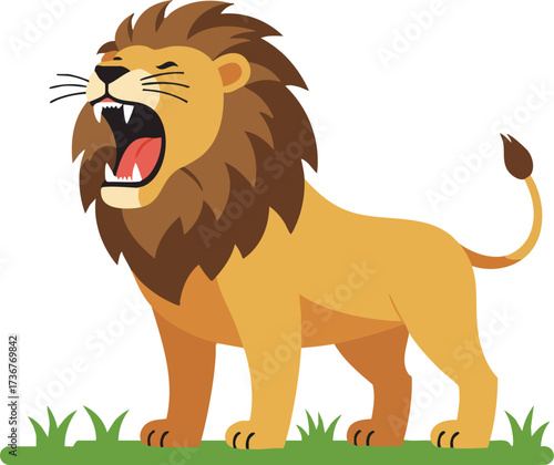 Lion roaring standing on grass vector illustration with brown mane and yellow body wild animal design