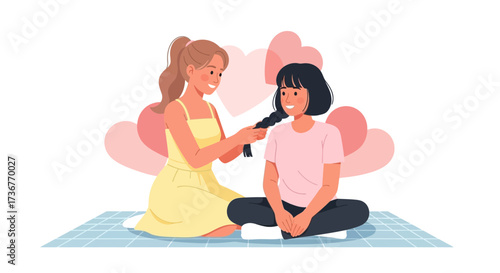 Mother Braiding Daughter's Hair With Loving Care And Pink Hearts Background.