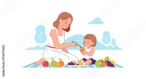 Mother And Daughter Enjoying Healthy Fruit Picnic With Green Trees And Blue Sky Together