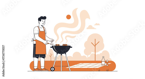 Man Grilling Food Outdoors, Preparing Summer Cookout Meal in Beautiful Park Setting