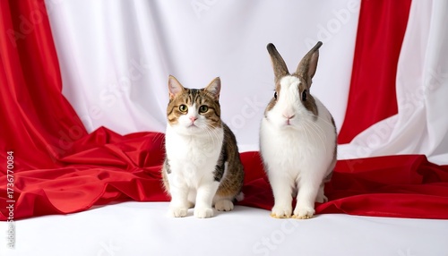 Two adorable animals, a cat and a rabbit, pose calmly against a backdrop of red and white fabric, exuding a serene and inviting atmosphere.