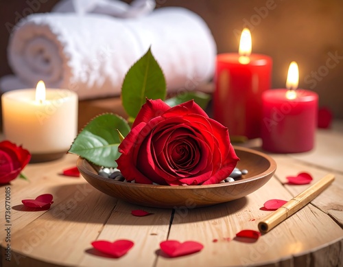 A red rose sits amidst spa-like elements, including candles, towels, and heart-shaped petals, creating a serene and romantic atmosphere.