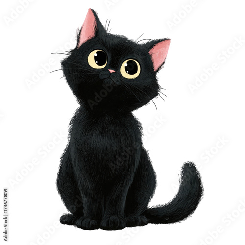 Adorable animated black cat with big yellow eyes sitting.