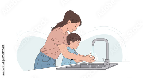Mother Teaching Child Hand Washing For Hygiene and Preventing Diseases With Clean Water