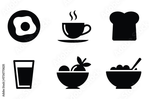 Simple silhouette icons for breakfast food and drink collection for food service and dining