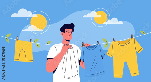 Man hanging clothes on a clothesline in the sunshine to dry outside on a beautiful day