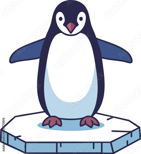 Penguin standing on ice floe vector illustration with blue and white colors in cartoon style