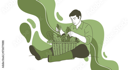 Man Harvesting Fresh Produce in a Wicker Basket With Abstract Green Background