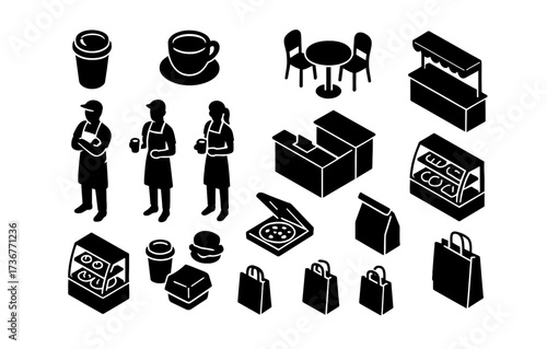 Café and bakery isometric icons: coffee, food delivery, and furniture elements